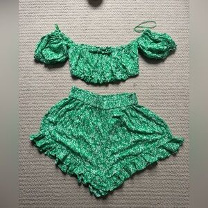 Zara Green Floral Crop Top & Ruffle Shorts Set